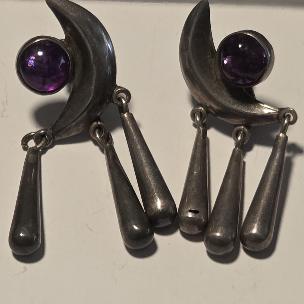 Taxco Mexico Silver  Crescent Moon Amethyst Earrings Witchy Magic